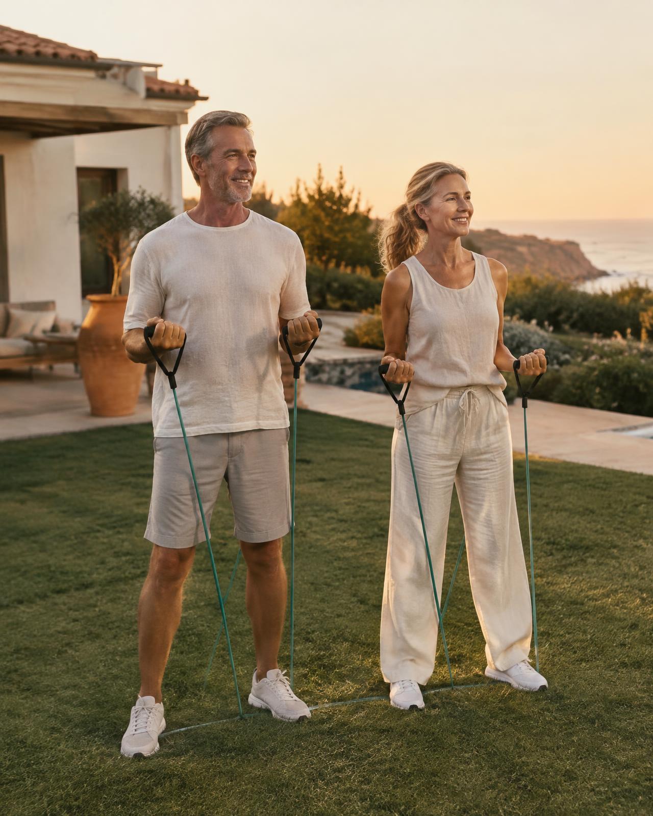Couple training with resistance bands in a villa garden